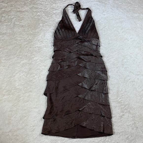 Cache chocolate brown scalloped bandage halter cocktail party dress, size 8 - Picture 2 of 12